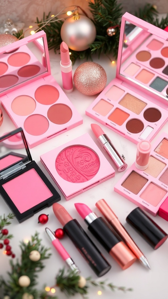 Festive Pink Christmas Makeup Tutorial A festive pink makeup setup with blush, eyeshadow, and lip products on a holiday-themed background.